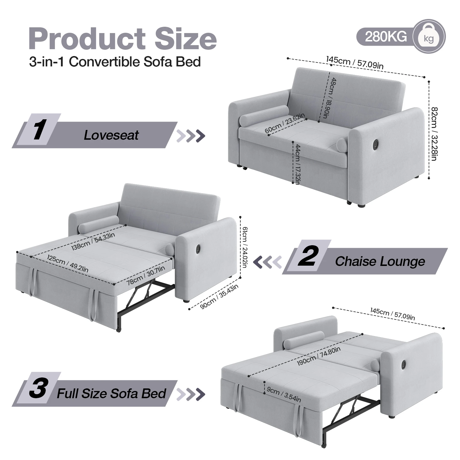 أريكة سرير بمقعدين، أريكة سرير زاوية قابلة للتحويل 3 في 1 مع منافذ USB ونوع C، كرسي نوم مزدوج من الكتان قابل للسحب مع جيب #2