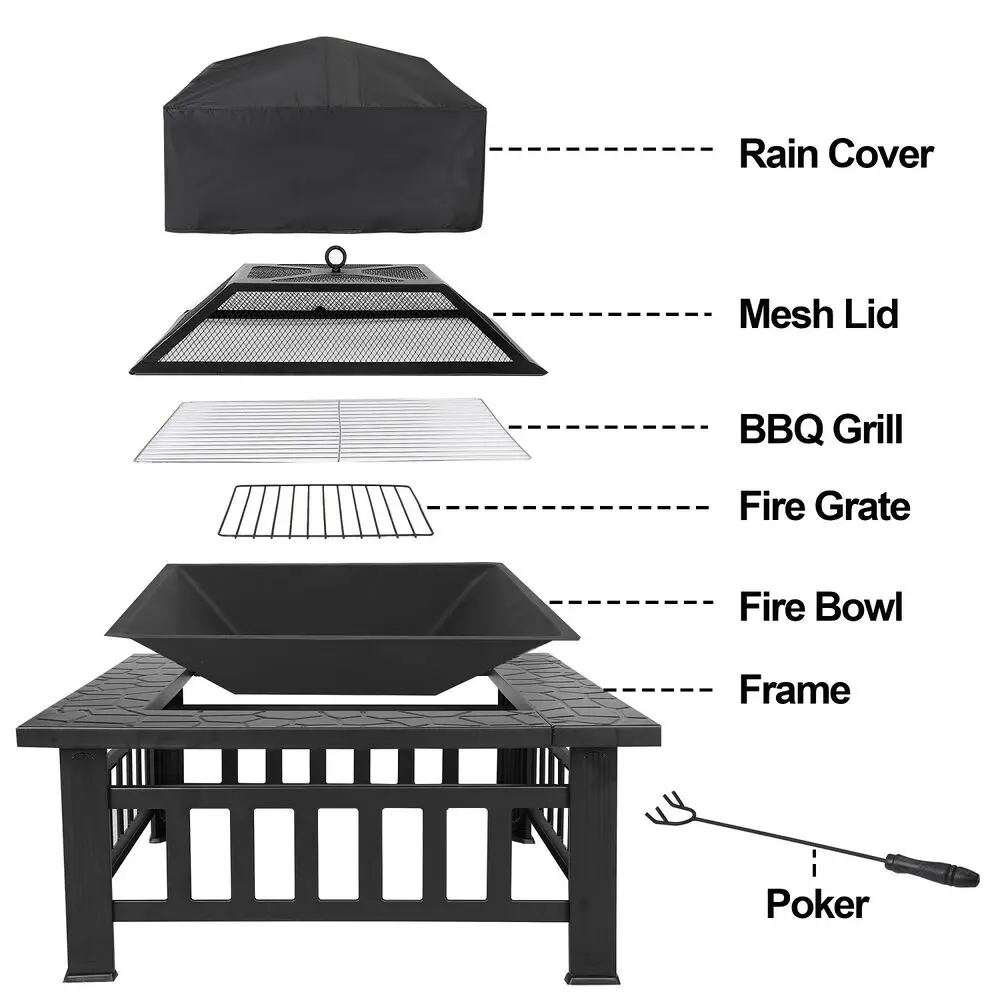 

Outdoor 32" Metal Firepit Backyard Patio Garden Square Stove Fire Pit With Cover