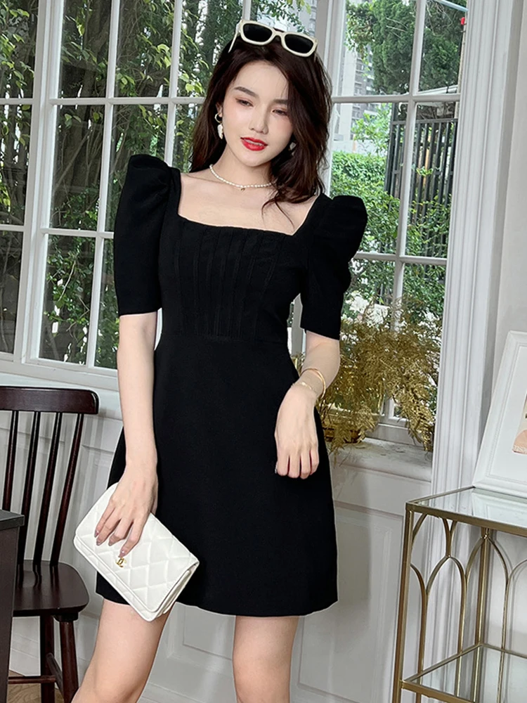 Summer Women Mini Dress Elegant Classic Simple Black White Solid Puff Short Sleeve High Waist A-line Gown Office Party Vestidos