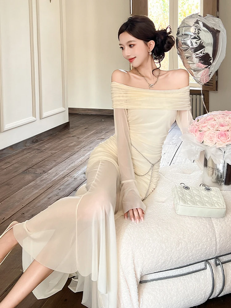 ชุดเดรสสไตล์แฟรี่คอร์สำหรับวันหยุด ผู้หญิง หวาน เซ็กซี่ ผ้าตาข่ายซีทรู เปิดไหล่ จับจีบ ทรงเข้ารูป หางปลา ชุดราตรีผู้หญิง ซีทรู สำหรับงานปาร์ตี้
