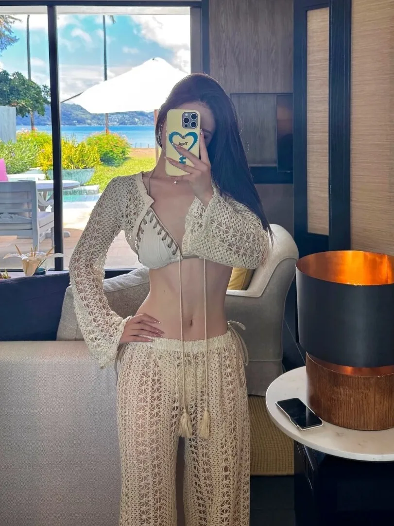 

Новый усовершенствованный вязаный купальник-бикини 2026 года для женщин: праздничный стиль, с вырезами, с длинными рукавами, пляжные длинные брюки, комплект для плавания