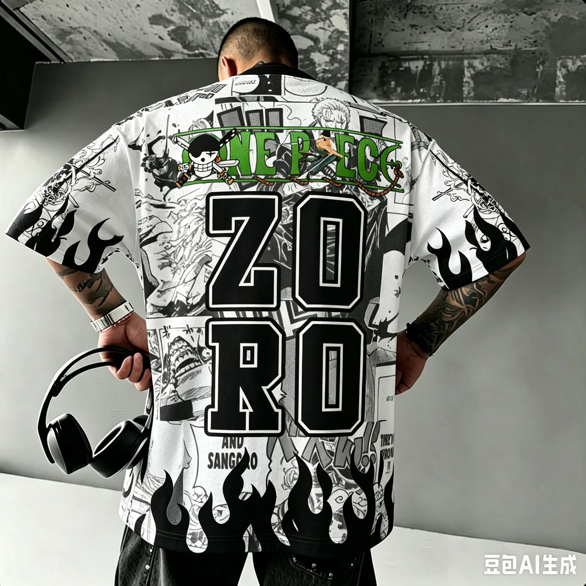 Nueva Camiseta Oversize para Hombre con Estampado de Manga de One Piece Zoro, Letra Grande ZORO en la Espalda Completa, Transpirable, de Secado Rápido, de Malla, Estilo Y2K, Merch para Fans