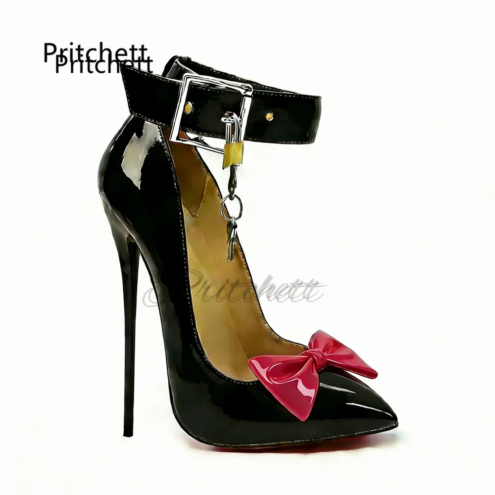 16Cm Pointed Toe Bowknot Lock Pumps for Women Elegant Stilettos Patent Leather High Heels Metallic Buckle Strap Party Shoes