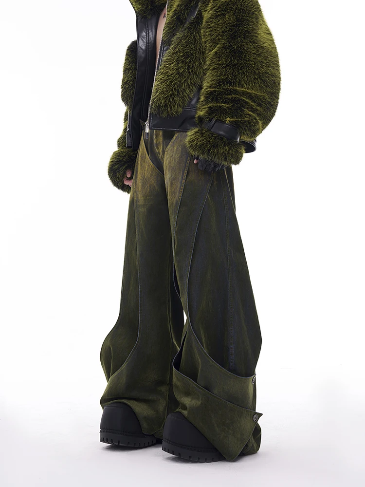 

Мужские джинсы с флисовой подкладкой, широкими штанинами, эффектом выцветания и градиентом, с высокой талией, в стиле деконструкции, повседневные, износостойкие, китайский бренд