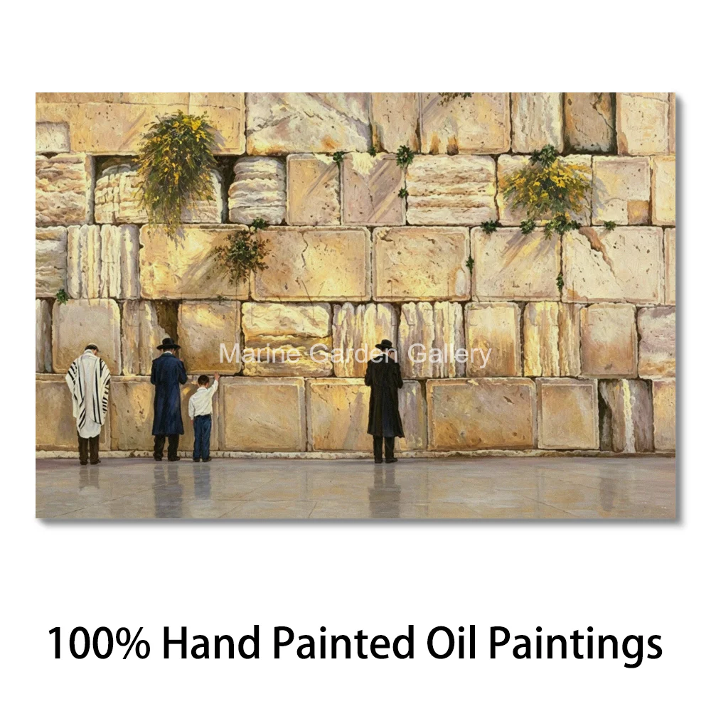 Hand Painted Jewish Family Praying Oil Painting Kotel Western Wall Textured Canvas Art Father and Son Modern Judaica Home Decor