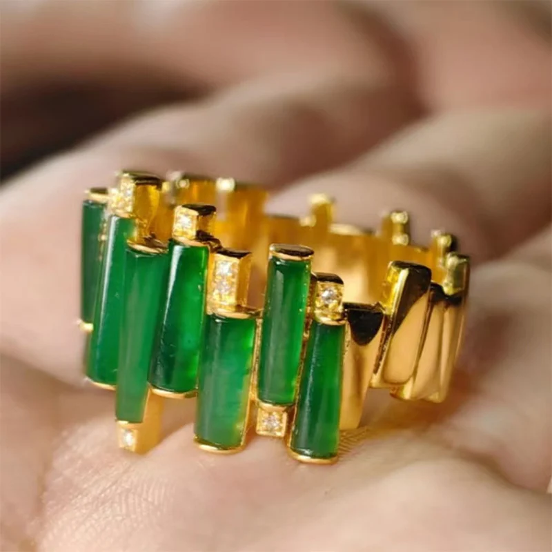 Foxanry Gold Color Sparkling Green Zircon Rings For Women Girls Creative Trendy Vintage Elegant Engagement Jewelry Accessories