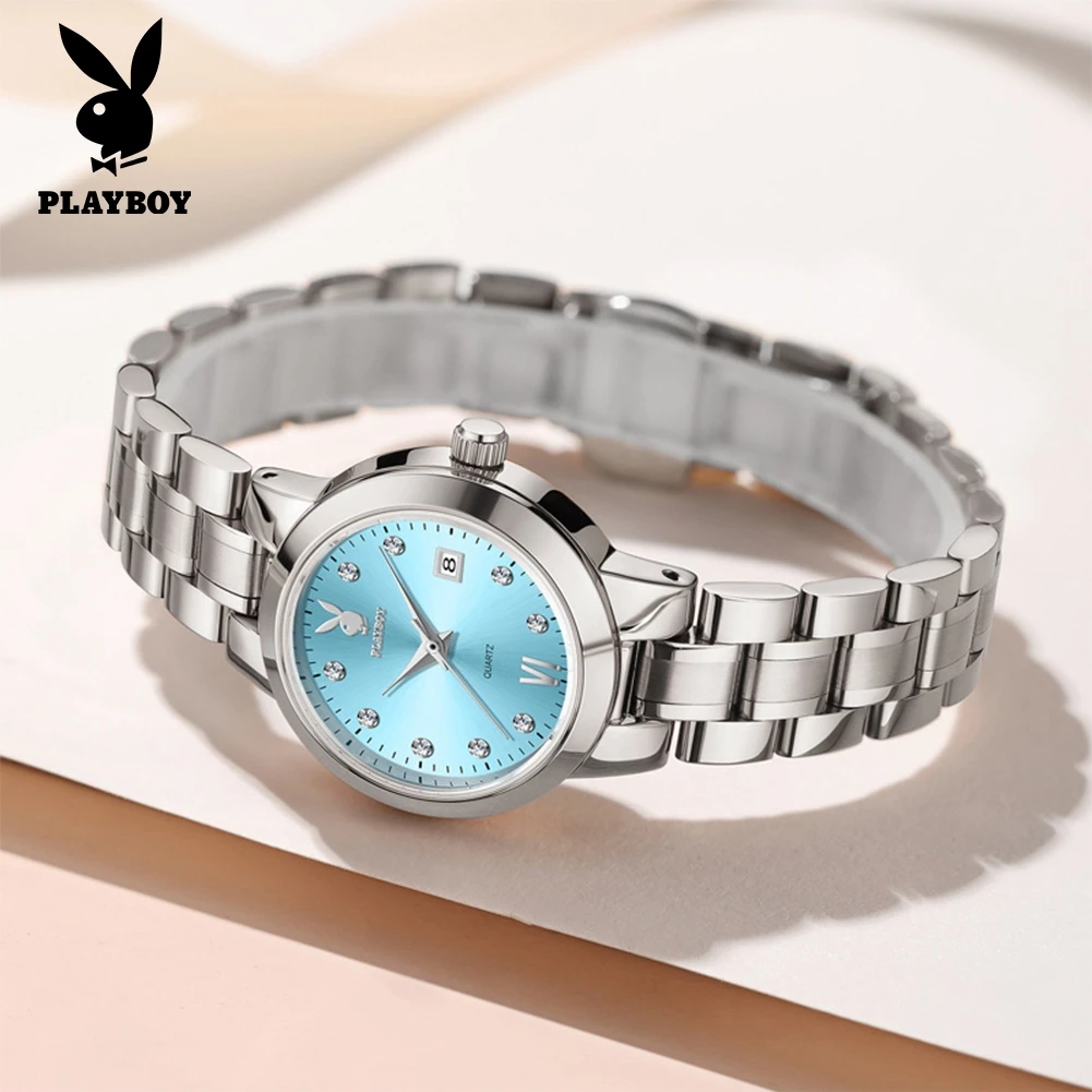 PLAYBOY 3105 Elegance Women Quartz Watch Fashion Diamond-set Stainless Steel Bracelet 30m Waterproof Calendar Window Watch