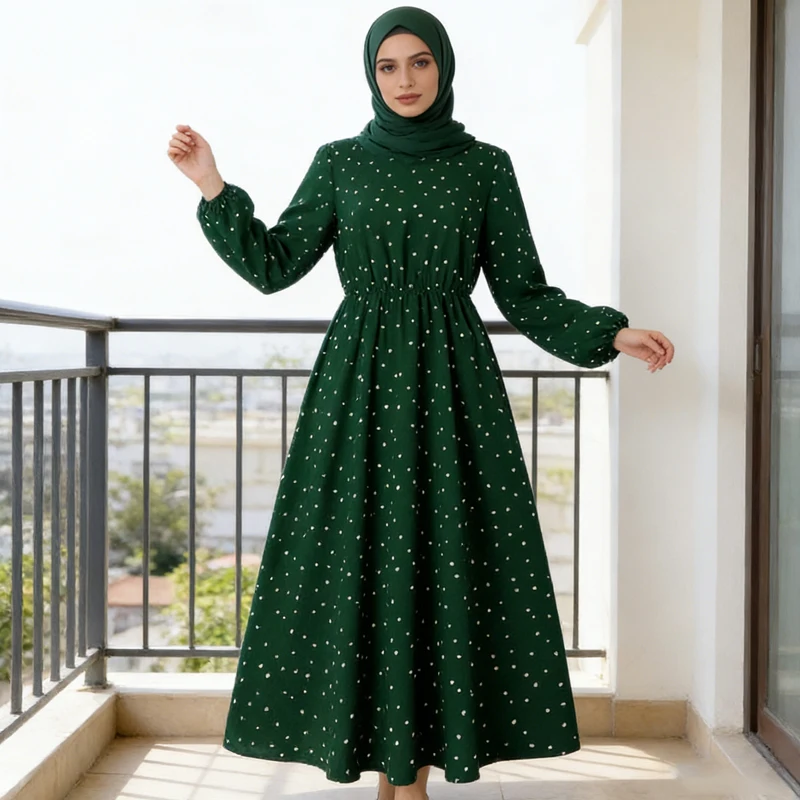 

Women's Muslim Dress Polka Dot Print Casual Loose A Line Summer Dress Women Long Sleeve Round Neck Women's Dresses Elegant Robes