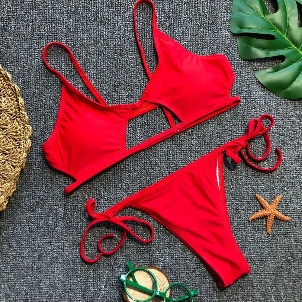 Sexy Red String Micro Bikini Thong Hollow Out Sexy Swimsuit Women Holiday Ladies Swimwear 2025 Strój kąpielowy Mini Bikini Sets
