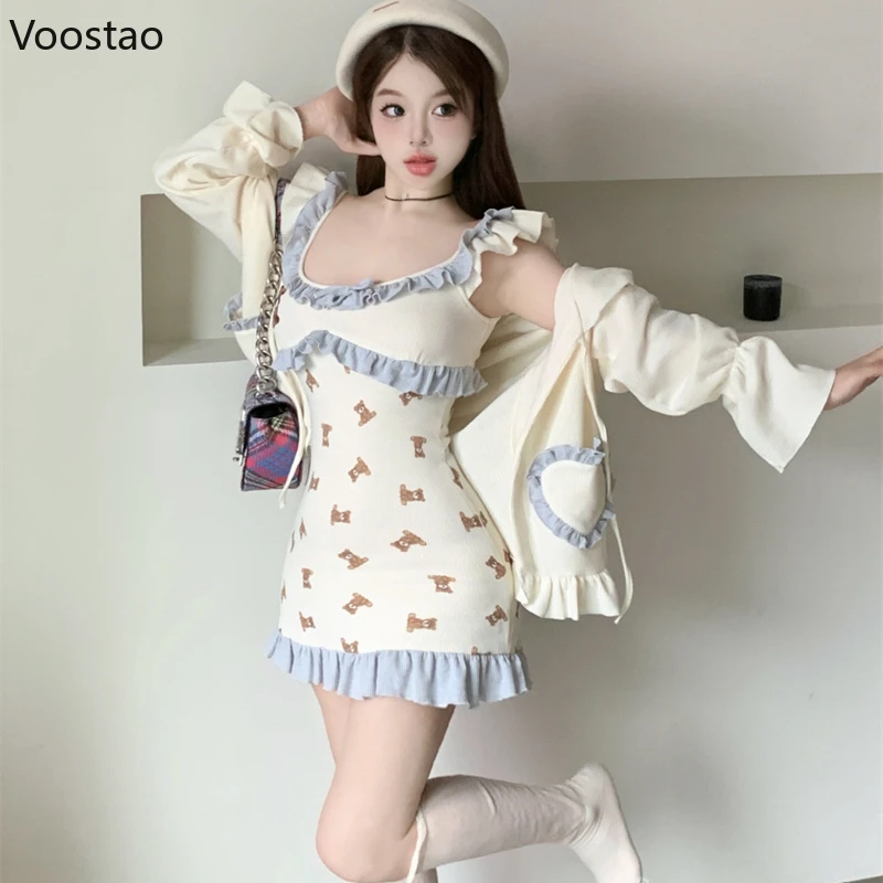 Autumn Kawaii Bear Print Lolita Two Piece Set Women Casual Bow Party Mini Dress Coat Suit Female Princess Korean Elegant Clothes