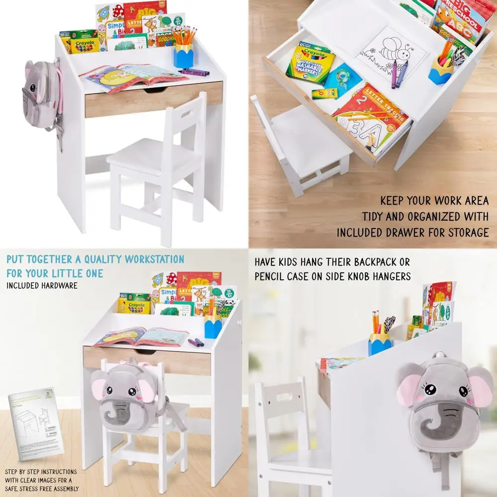 

Lil' Jumbl Toddler Wooden Study Desk and Chair Set, Home School Learning Workstation with Writing Table, Storage Drawer, Tableto
