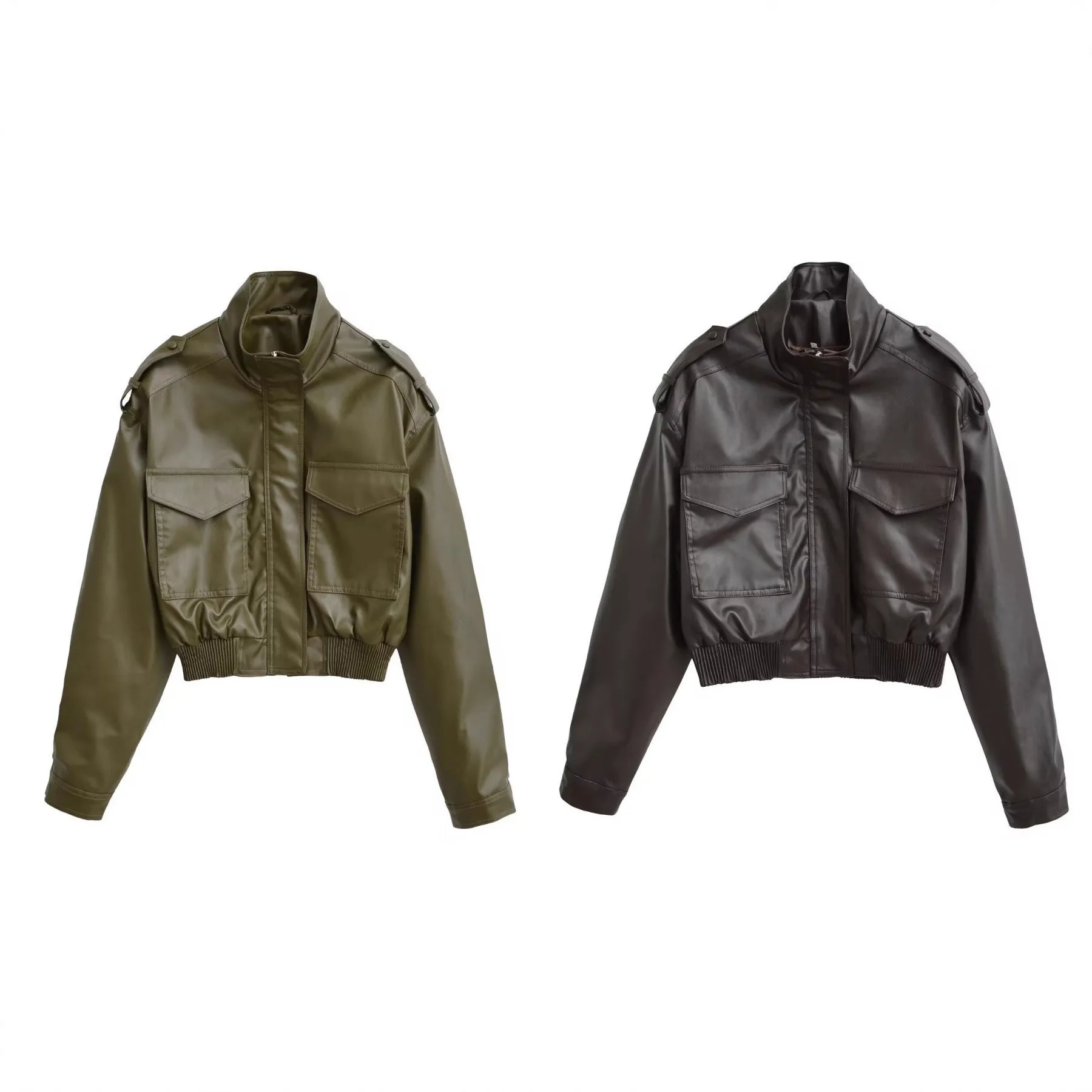 

KIDCRKJ Faux Leather Spring Women Jacket Pure Color Stand Collar Zipper Female Outwear Commuting Casual Lady Jacket Coat