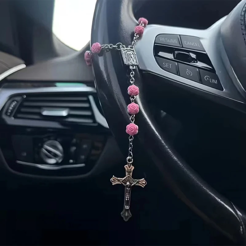 Vintage Silver Crucifix Car Charm Pink Flower Beads Vehicle Interior Decor Prayer Rosary
