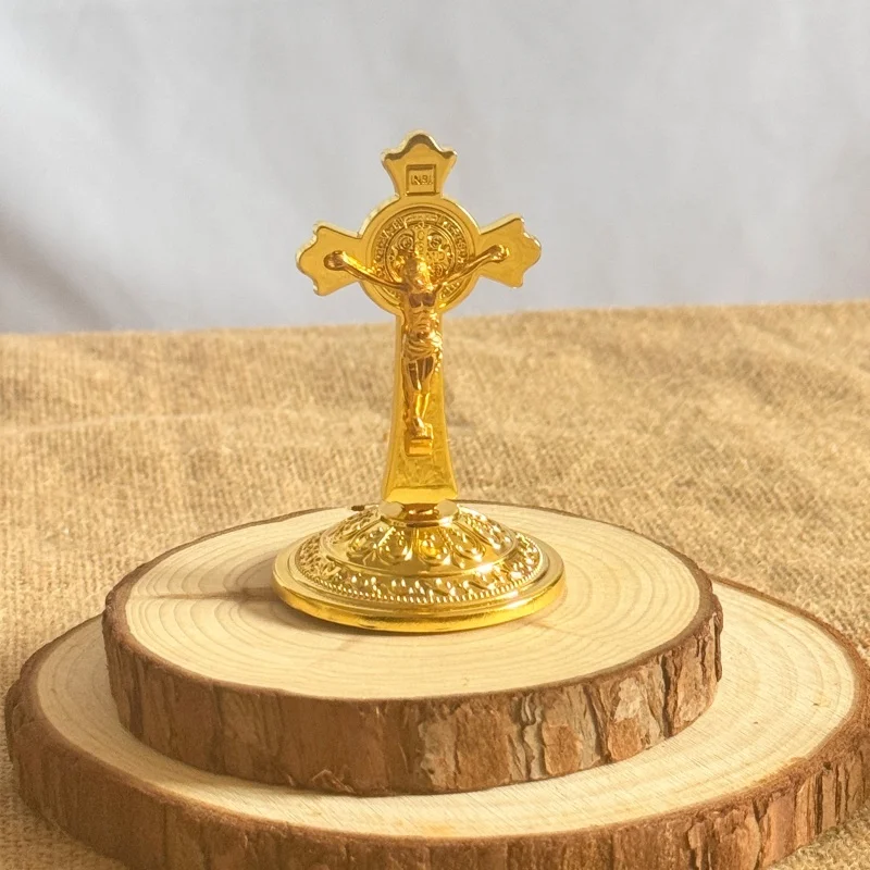 

Small Gold Plated Standing Crucifix with Saint Benedict Medal for Catholic Christian Home Altar Prayer Table Decor Gift