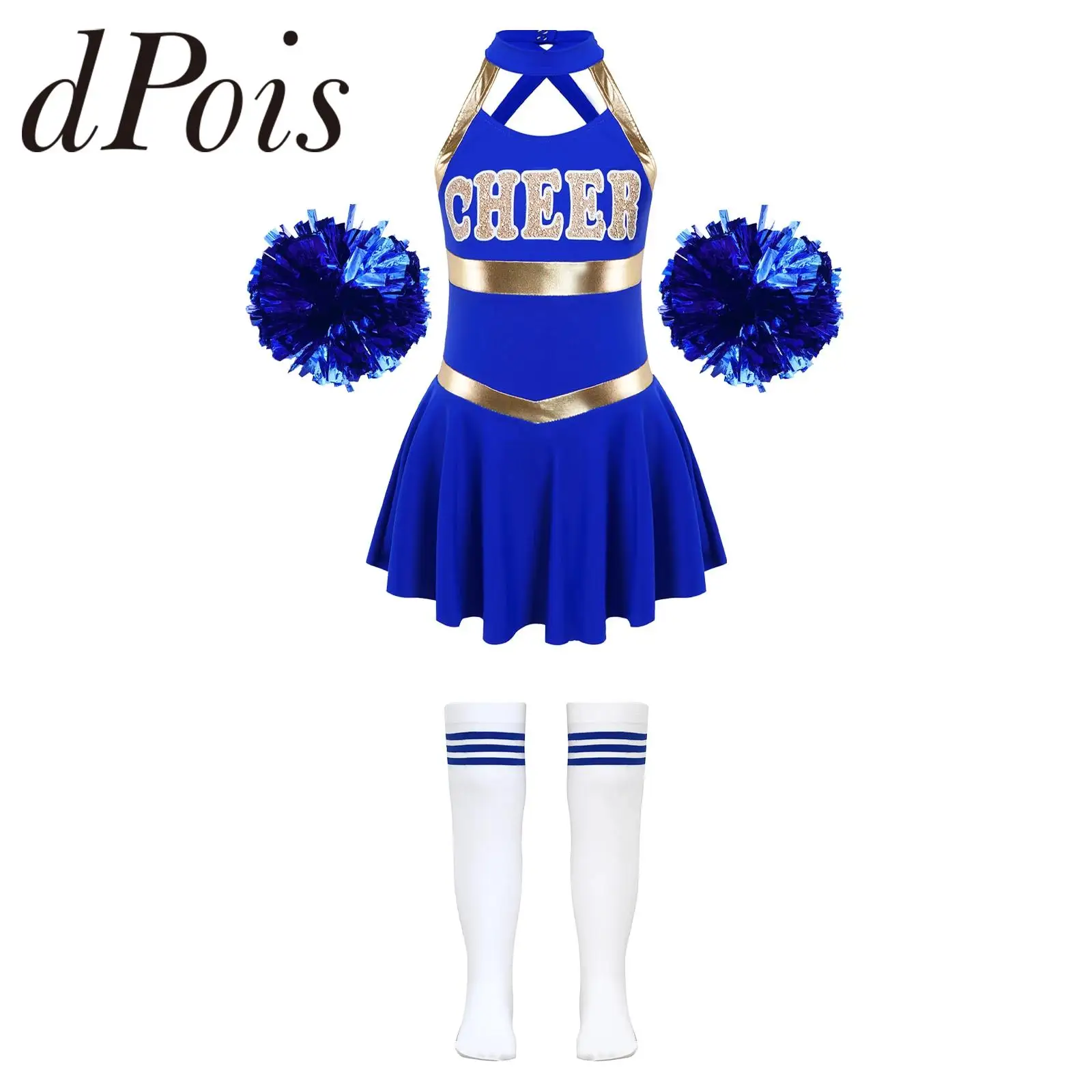 

Kids Girls Cheerleading Costume Cheer Dance Outfits Cheerleader Uniform Dress + Flower Balls Socks Sets for Dancing Competition