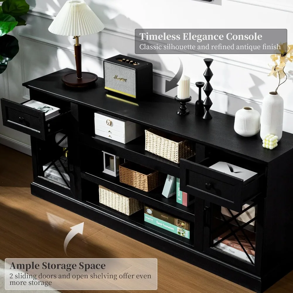 حامل تلفزيون حديث 70 على طراز المزرعة لـ 75-80 تلفزيونًا: مركز ترفيه خشبي أسود مع إضاءة LED وأبواب زجاجية #4