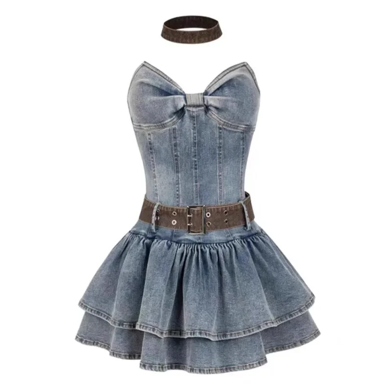 

Sweet Women Denim Dress American Retro Sweet Hot Girl Waist Thin Princess Skirt Korean Fashion Sexy Short Skirts Female Clothes