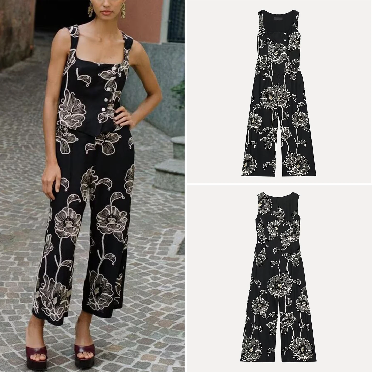 Z 2025 New Faionable Versatile Floral Embroidery One-Piece Suit High Waist Straight Leg Long Pants Polyester Fiber
