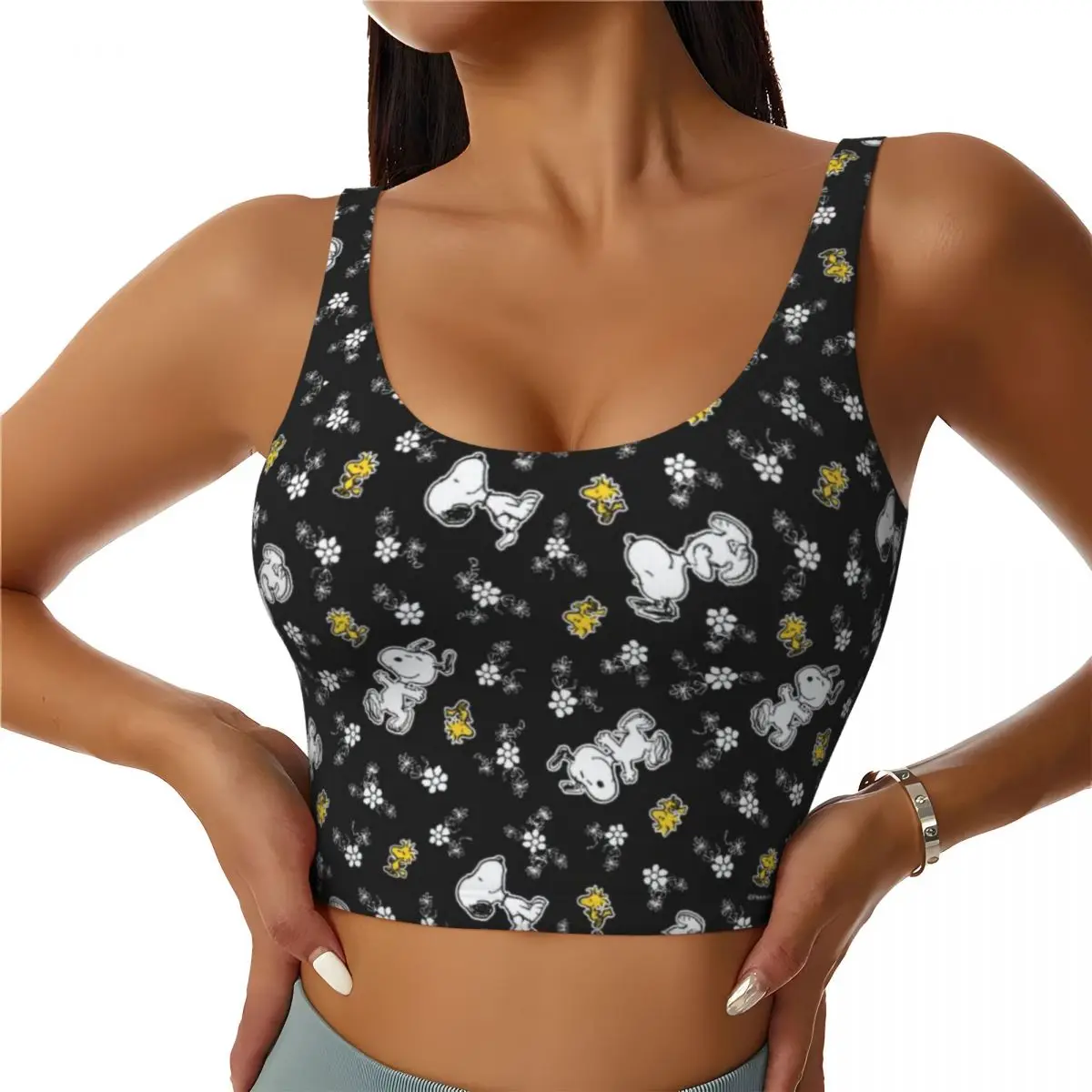 

Custom High Impact Snoopy & Woodstock Fun Flowers Sports Bra for Women Dog Gym Workout Yoga Crop Top