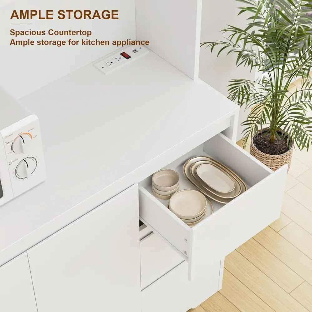 71 Inch Kitchen Sideboard with LED Light and Charging Station, Modern Kitchen Cabinet with Storage and Microwave Stand