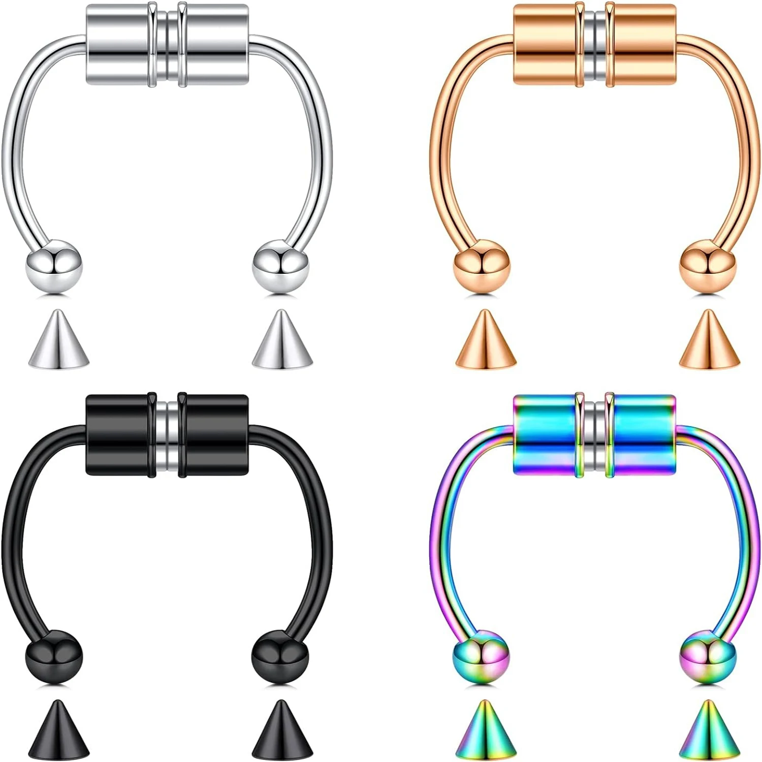 4pcs Magnetic Fake Nose Rings Hoop Septum 16G None Piercing Jewelry Nose Rings Artificial Lip Septum Nose Ring Set