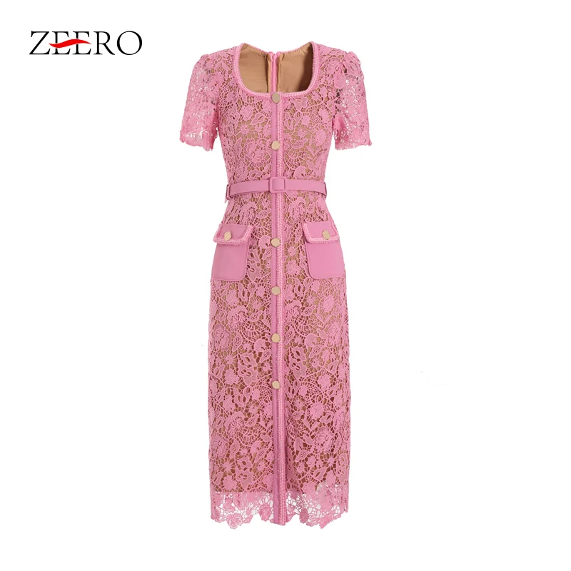 

Vintage Pink Sexy Bodycon Lace O Neck Gold Buttons Lace Hollow Out Women Dress Small Fragrance Summer Party Dresses Vestidos