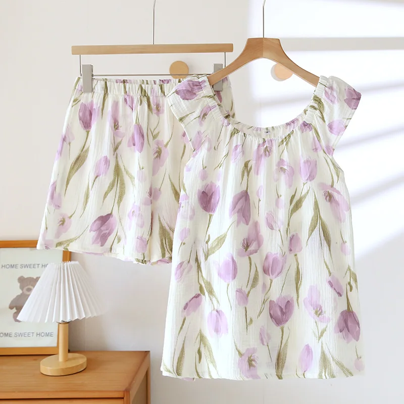 

2025 женский новый летний пижамный комплект из 100% хлопка, креповый жилет + шорты, свободный комплект домашней одежды из двух предметов, женская одежда для сна