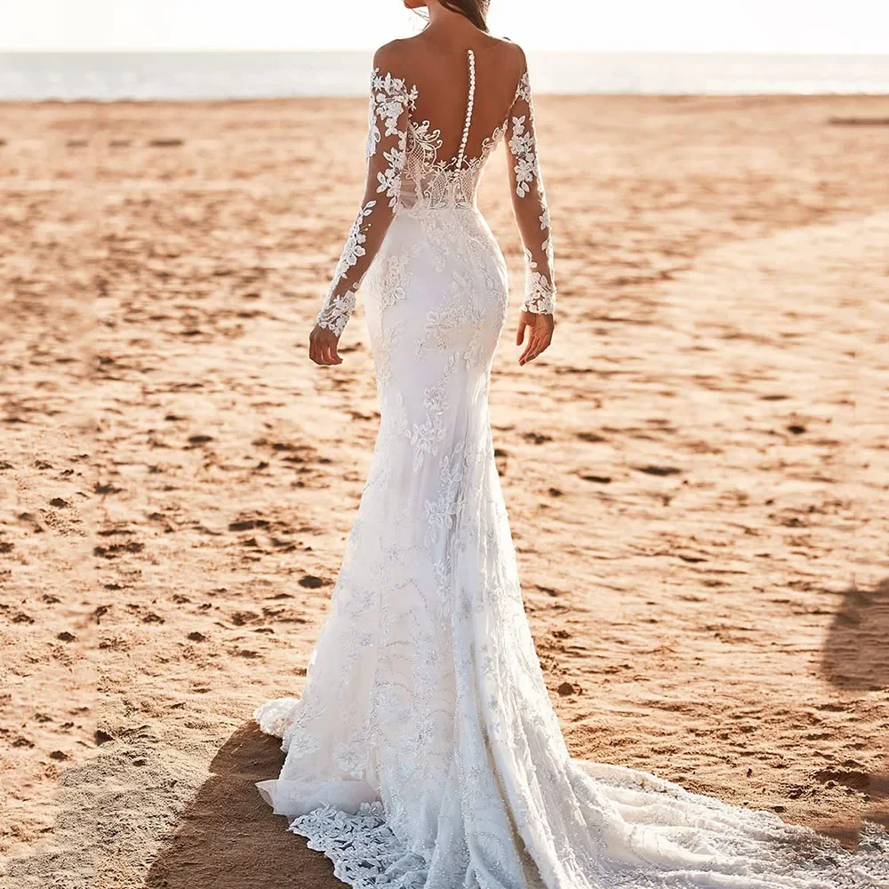 Dantel düğün elbisesi es v yaka seksi Mermaid gelin önlükler vestidos de vestidos uzun kollu zarif aplike düğün elbisesi