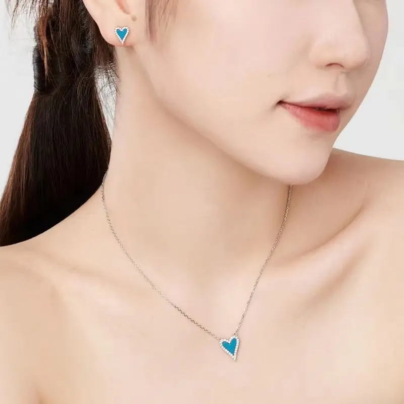 

True S925 Silver Heart Jewelry Set Women Black Agate Turquoise Heart Necklace Earrings Female Luxury Jewelry 5A Zircon Girl Gift