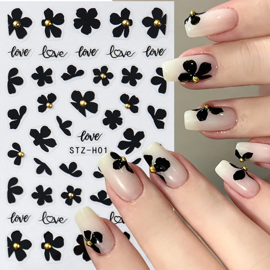 2 pezzi 3D fiore nero adesivi per unghie decalcomanie fiori semplici perline dorate nail art adesivo gel cursori lamina di tatuaggio decorazione manicure
