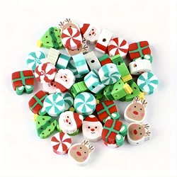 50pcs/100pcs Christmas Series Beads, Santa Claus Elk Christmas Tree Patterns Flat Polymer Clay Beads, For DIY Necklace Jewelry