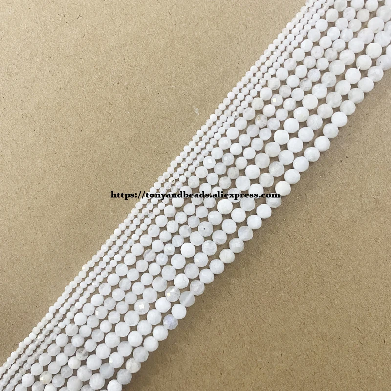 Semi-precious Stone 2 3 4MM Small Diamond Cuts Faceted White Moonstone Round Loose Beads 15\