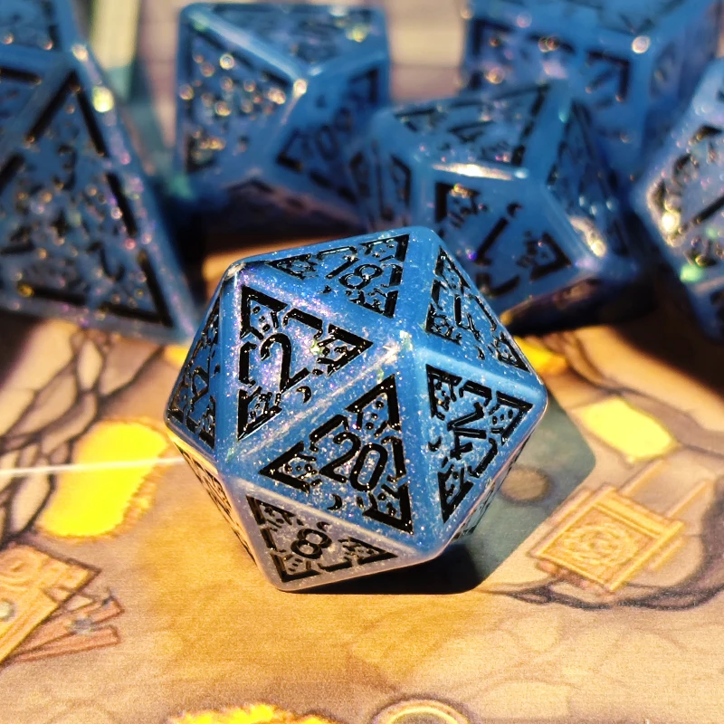 Blue Carved Acrylic Dice Set,7Pcs Black Recessed Engraved Polyhedral DND Dice for Dungeons & Dragons TRPG Tabletop Role Playing