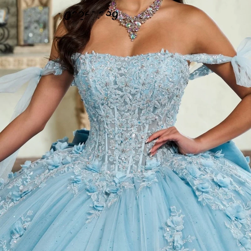 Blue Green Quinceanera Dress Luxury Ball Gown Shining Applique Tulle Tie Straps Dresses Sweet 16 Girl Birthday Pageant Dress