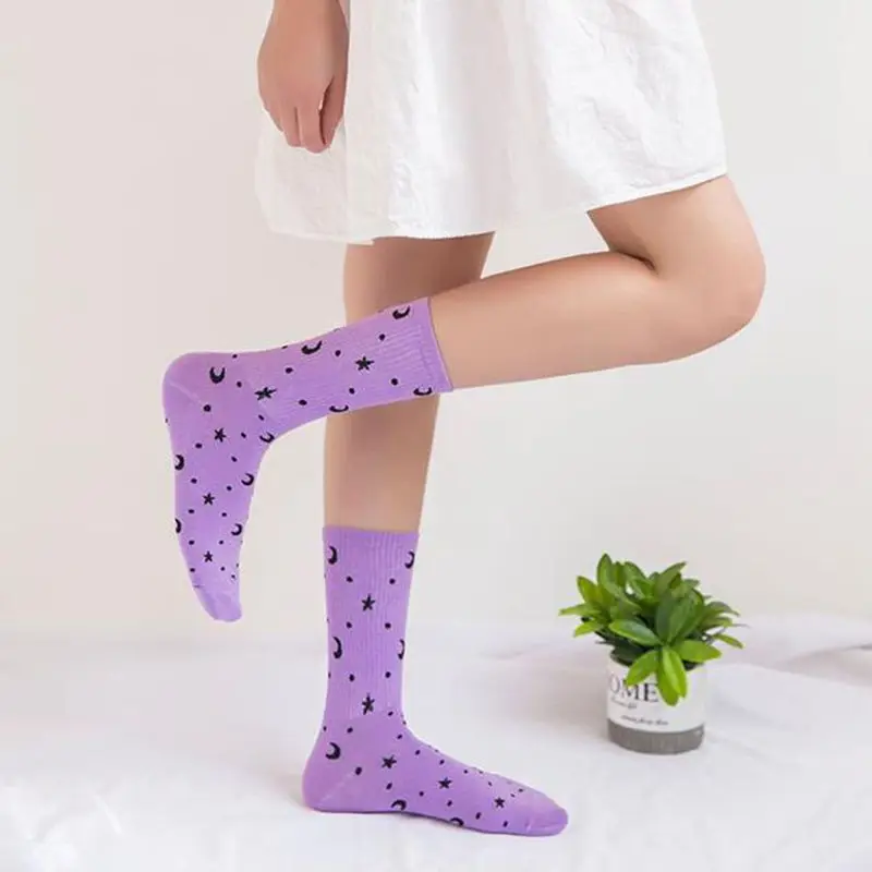 Women Purple Cotton Skateboard Street Hip Hop Socks Unisex Harajuku Calcetines Girls Sokken Stars Moon Funny printing