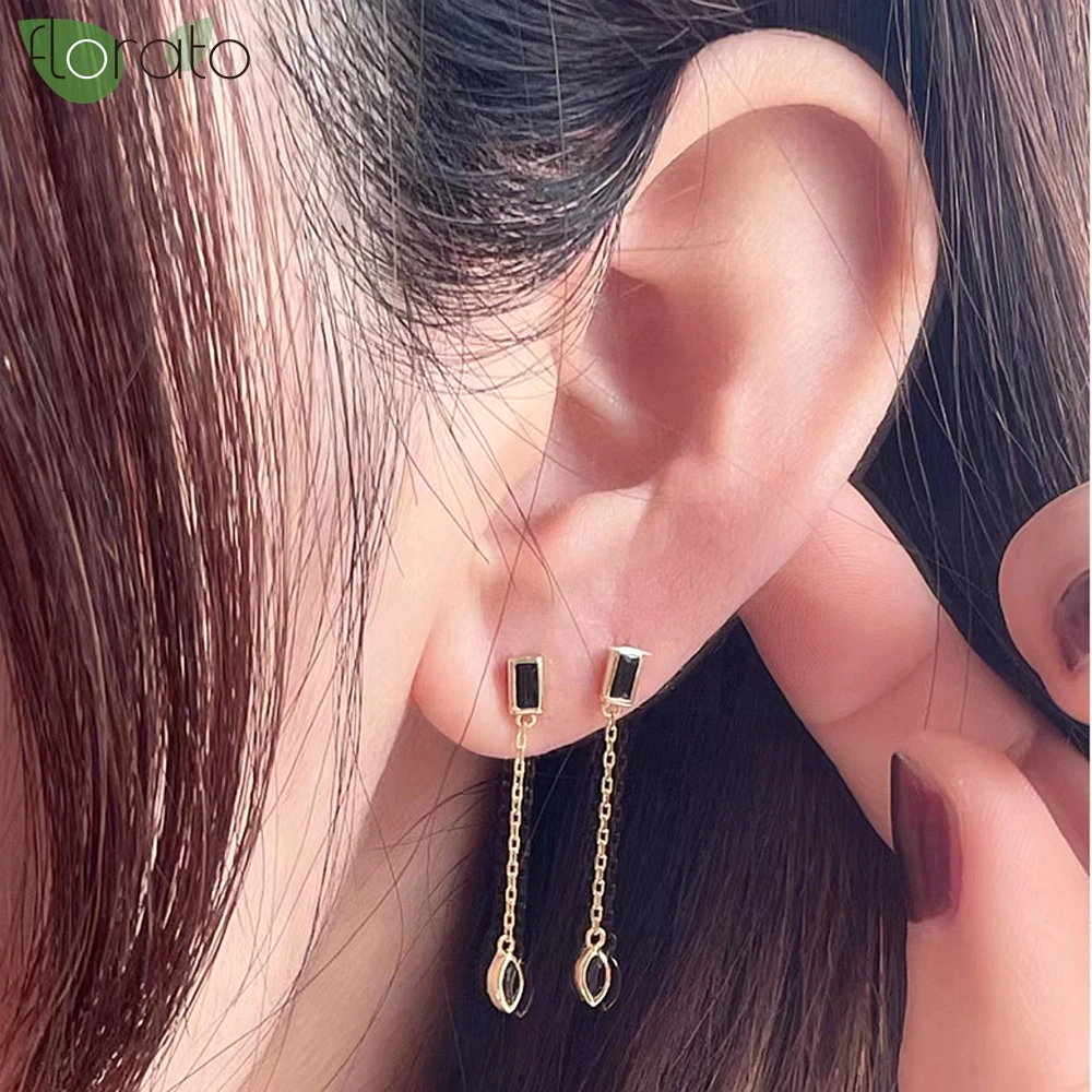 925 Sterling Silver Needle Fashion Black CZ Geometric Stud Earrings Metal Chain Tassel Earrings for Women Party Trend Jewelry