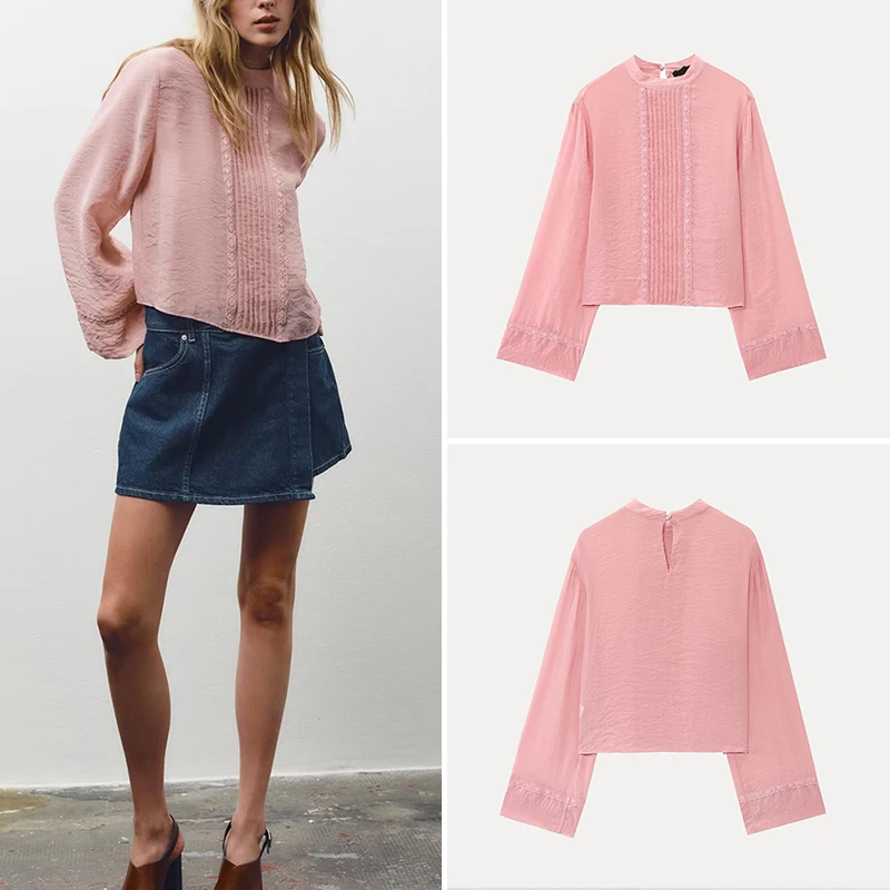 

Faionable Lace Trim Women's irt Versatile Spring 2025 Long Sve Regular Length Color Polyester Blend Z Brand