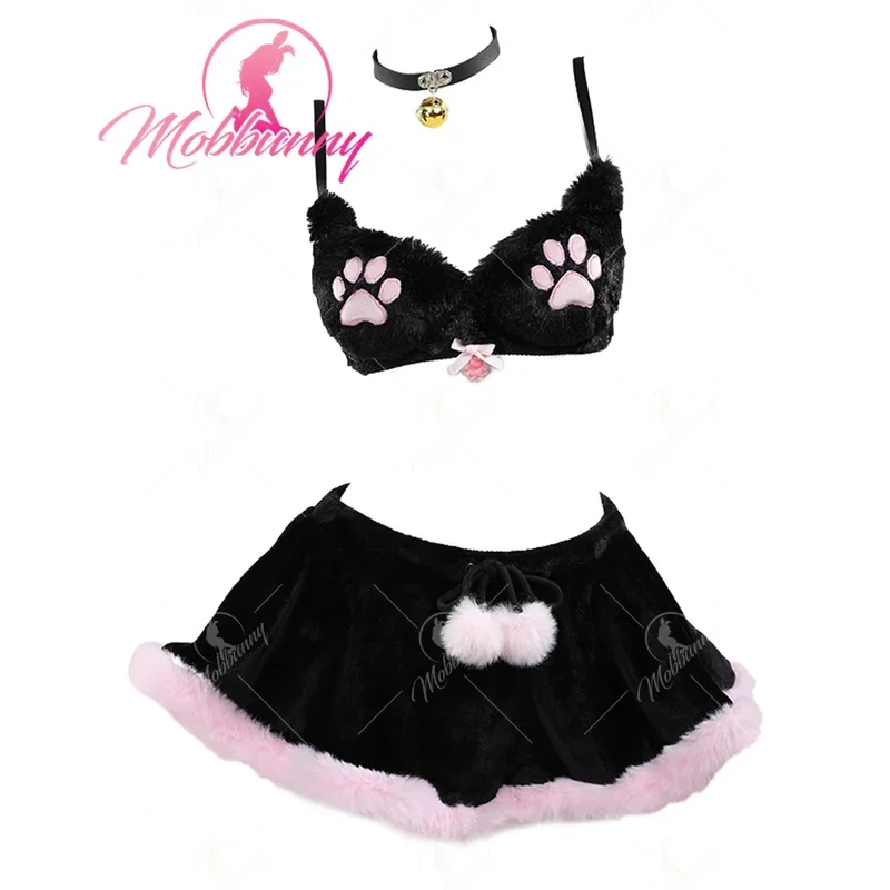 

Mobbunny, женская домашняя одежда Kawaii, комплект сексуального нижнего белья, плюшевый топ с кошачьей лапой, трехточечный топ и трусики с юбкой-чокер