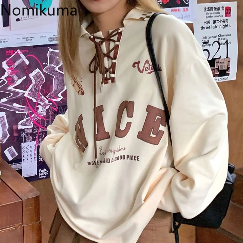 Nomikuma البلوز ربيع الخريف التباين اللون رسالة طباعة فضفاض الجمالية سوداديراس موضة Harajuku Preppy Y2k الشارع الشهير