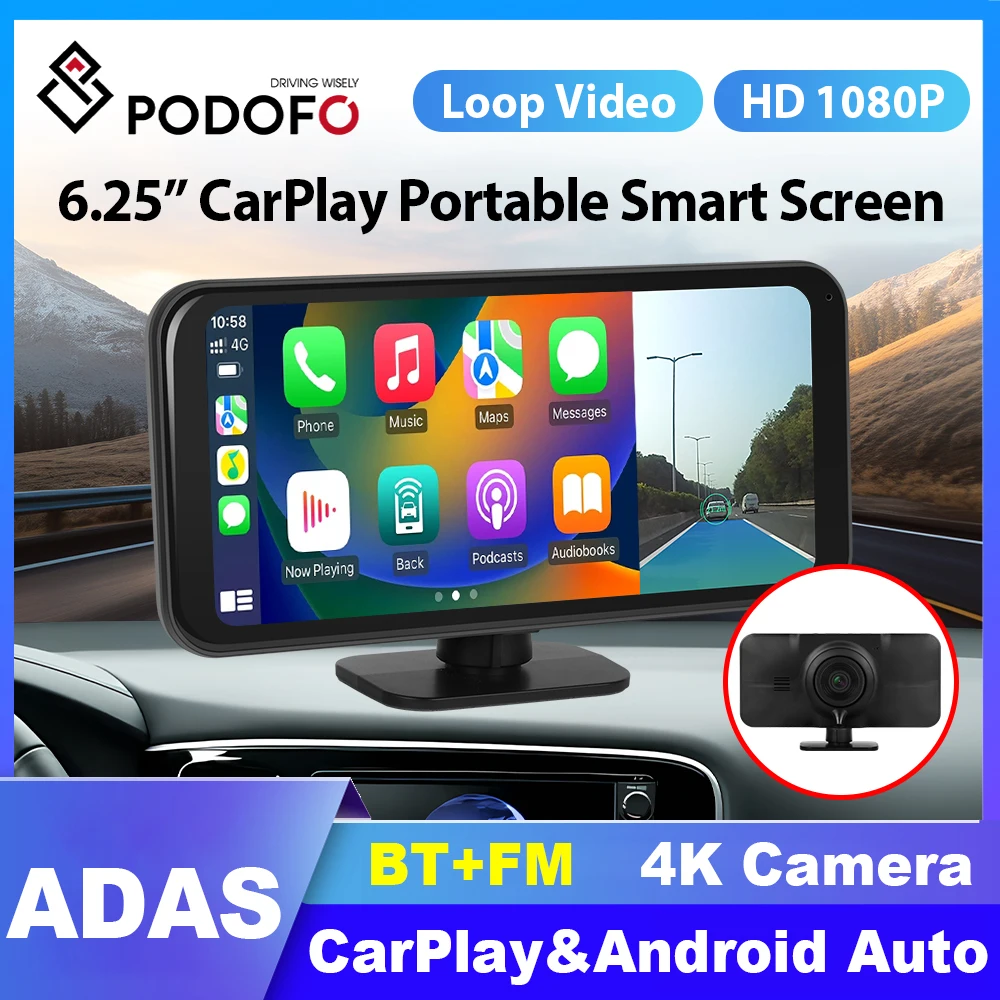 

Podofo 6.25 inch Portable Smart Carplay Screen Player Car radio Suppport Android Auto/CarPlay Rear Camera With 4K Foward Camera