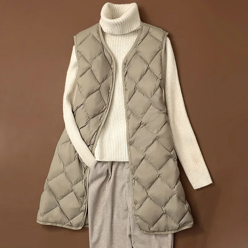 

ERFRWQ Autumn Quilted Duck Down Vest Ultra Light Thin Jacket Women Winter Feather Long Warm Basic Casual Waistcoat FF998