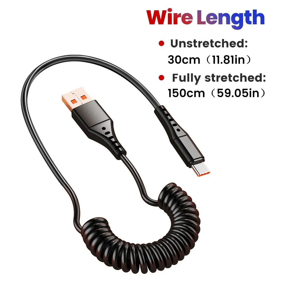 120W 1.5M Spring Cable USB Type C Fast Charging For iPhone 15 16 Samsung USB To Micro Cable For Huawei Xiaomi Mobile Phone Cord