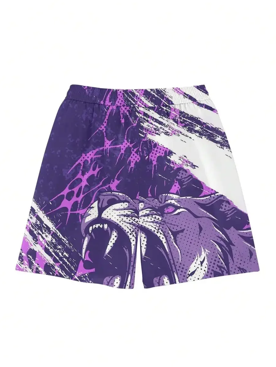 

Mens Athletic Shorts With Purple Leopard Graphic Print, Lightweight Breathable Polyester