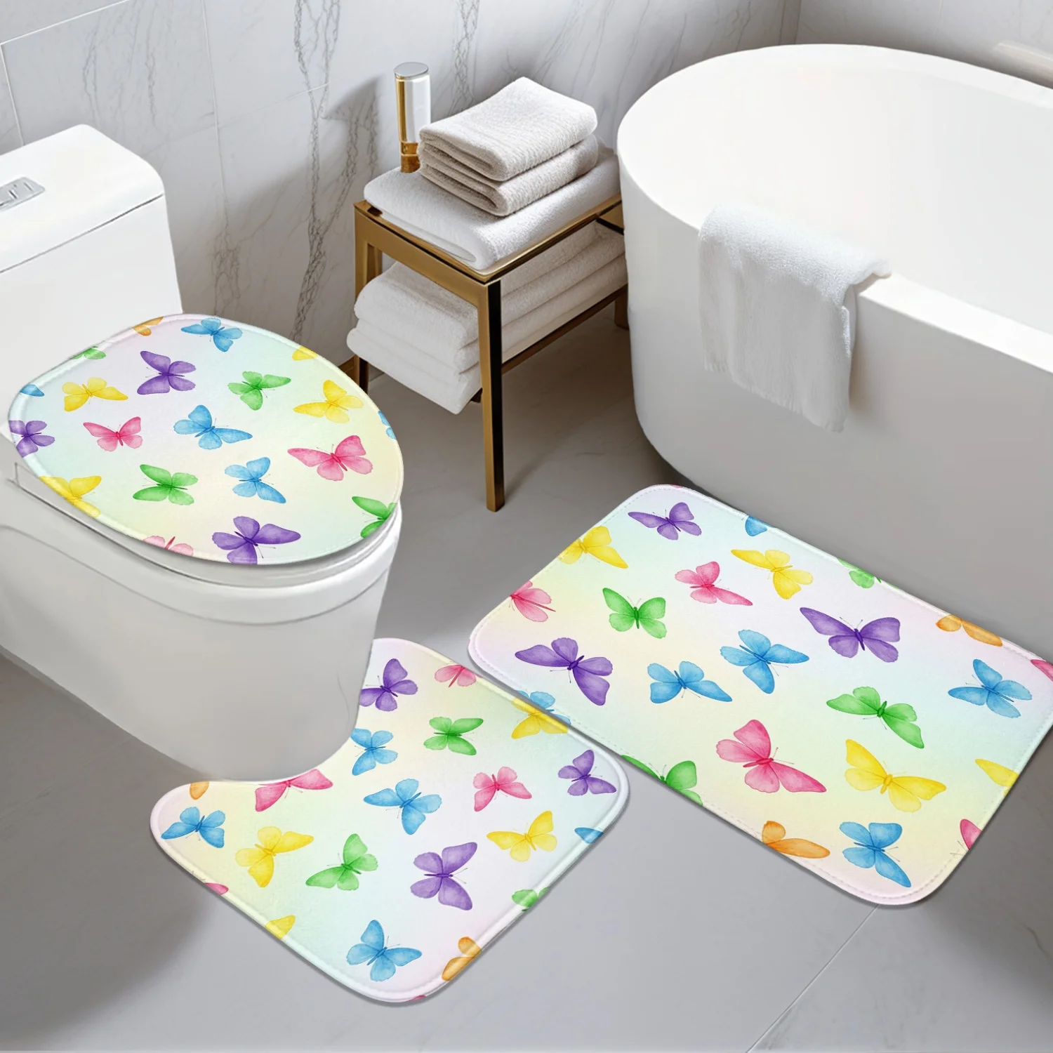 

Bathroom Anti-slip Mat -3pcs Set - Colorful Watercolor Butterfly Pattern 2D Flat Design - Digital Printing - Includes Anti-slip