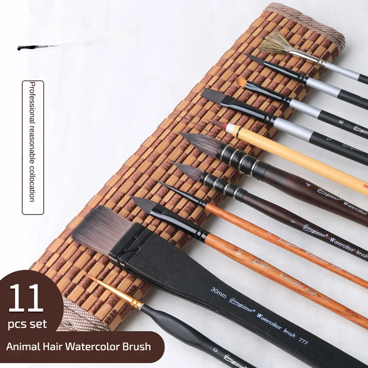 

Bamboo curtain 11 pcs animal hair brush set nylon hair watercolor fan-shaped pigment board brush Professional grade paintbrush