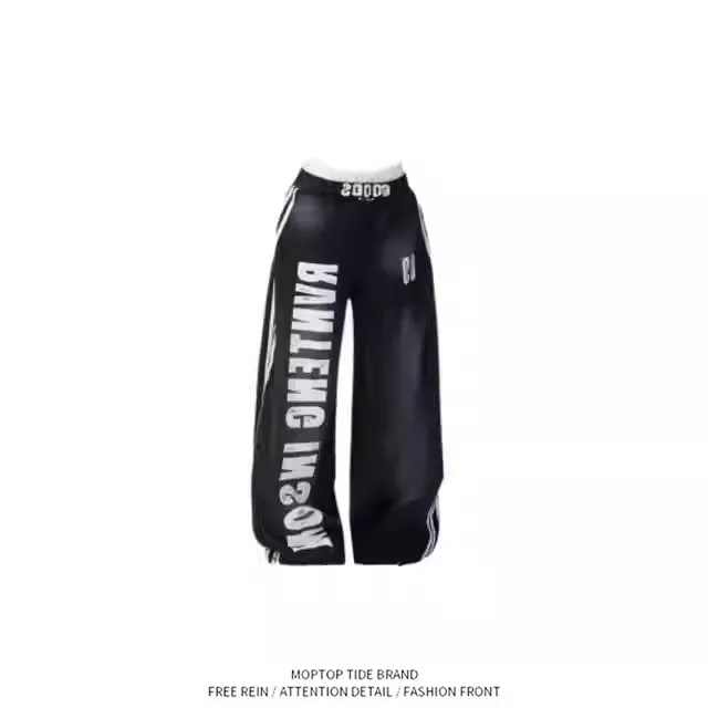 

American Style Rustic Letter Print Striped Wide Leg Sport Jazz Dance Pants Women Design Sensation Casual Trousers Trendy