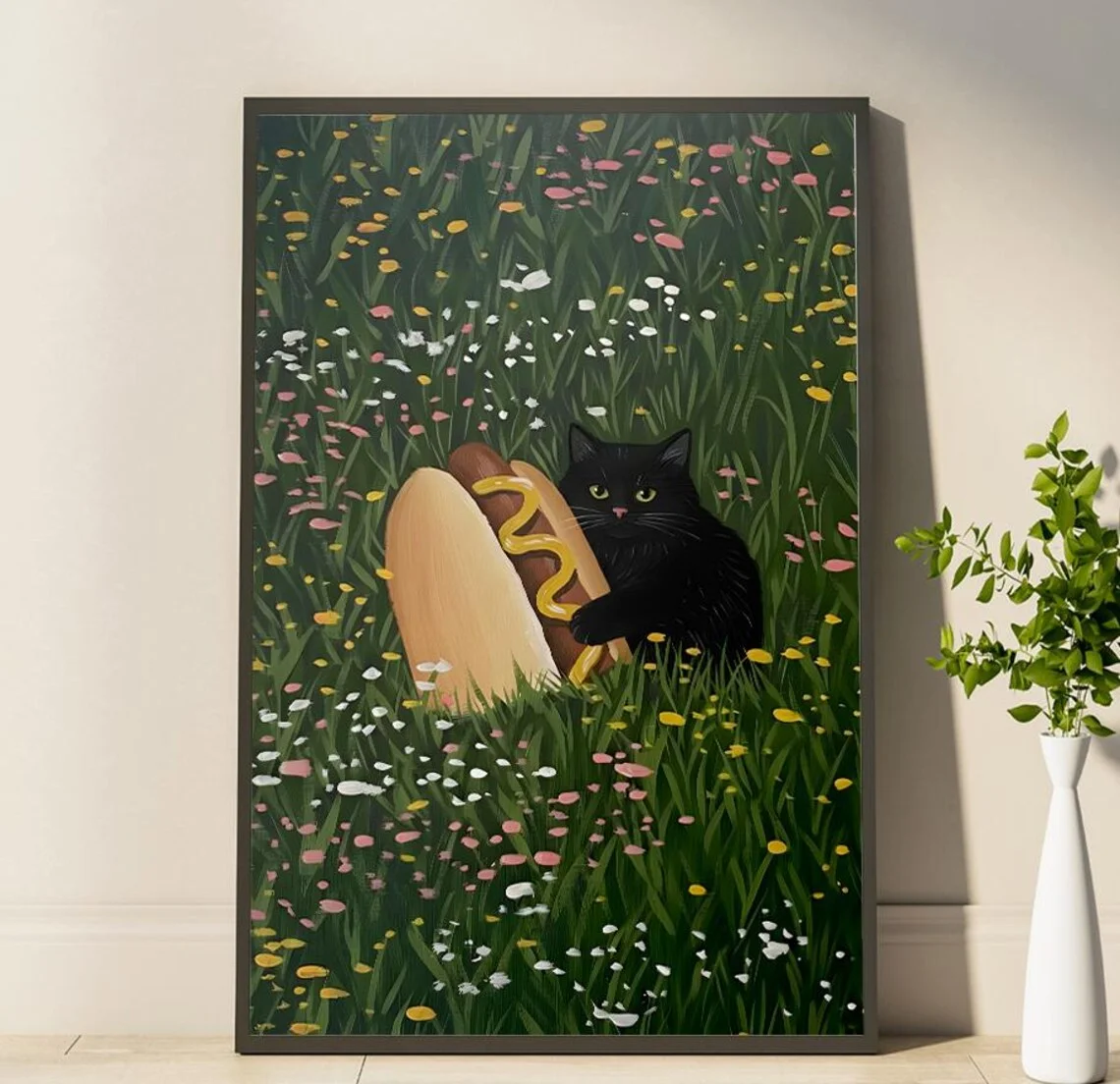 Whimsical Cat And Hot Dog Poster Perfect For Cat Lovers Charming Black Cat Illustration A Fun Addition To Your Home Decor