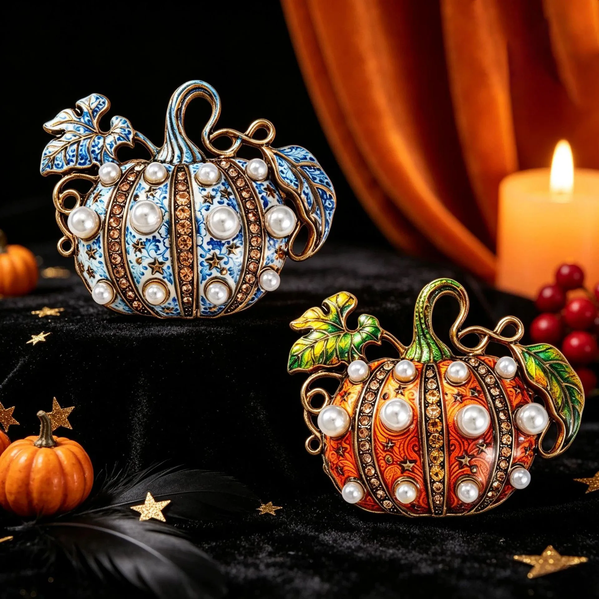 Cross border retro Halloween pumpkin brooch, niche light luxury pin accessory with rhinestone print