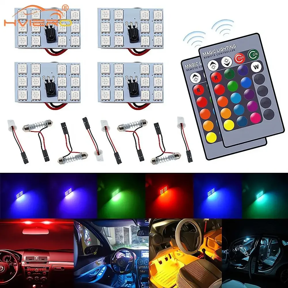 

4X T10 Car Led RGB DC 12V 5050 12SMD Auto Remote Controller Panel Interior Lamp Atmosphere READ Dome Festoon BA9S Adapter Light