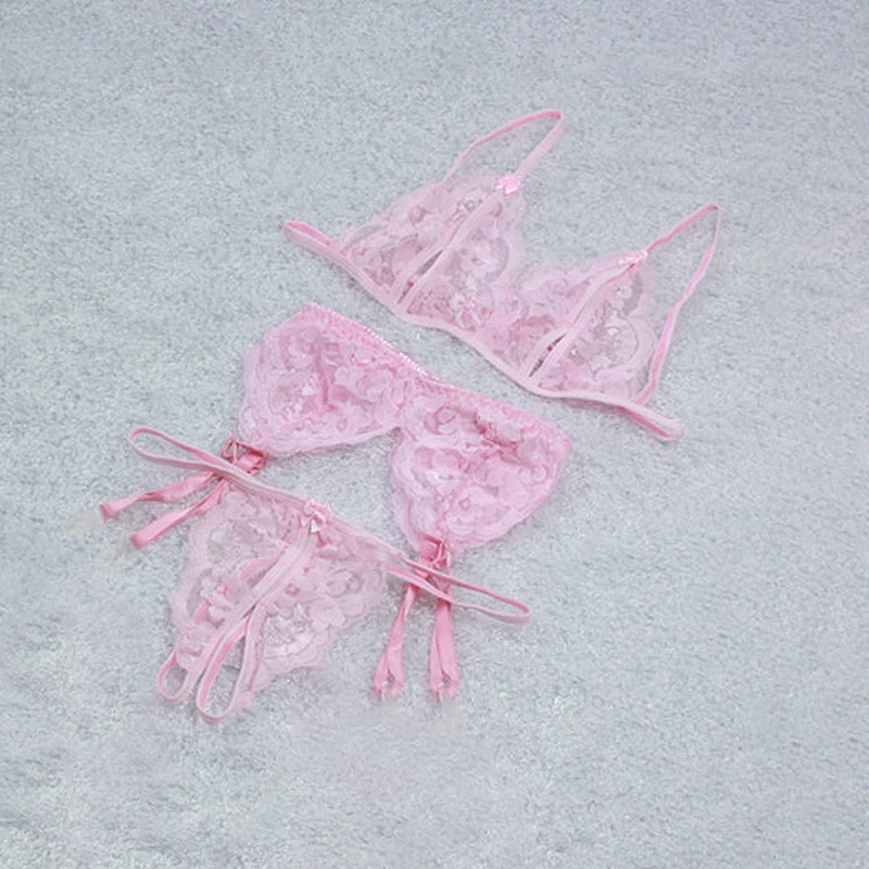 1 Set Women's Lace Lingerie, Sling Open Push Up Bra, Garter Panties & Transparent Net Stockings Intimate Wear For Ladies - Image 5